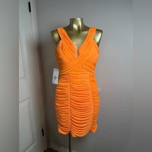 Hailey Adrianna Papell dress Ruched V-Neck Mini Dress in Vibrant Orange Size 6